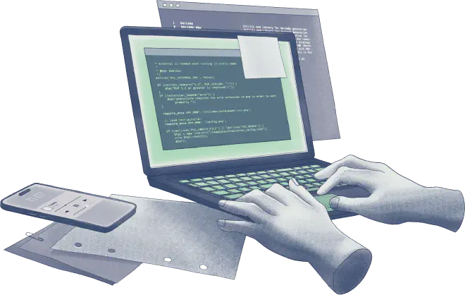 Illustration of a laptop computer, a sheet of paper, a paper folder, a smartphone and two hands floating in the air typing in the computer. The computer has a code editor open.